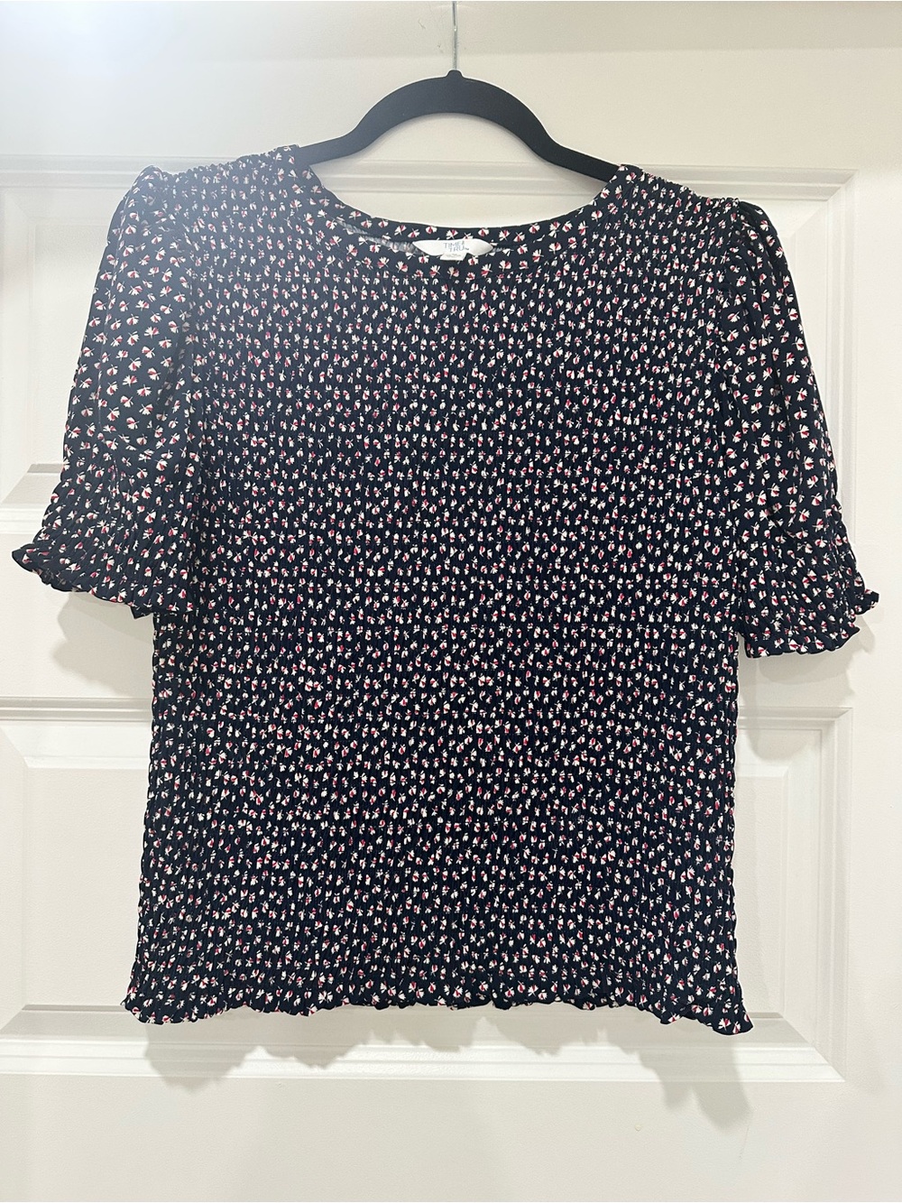 Time and Tru Black Smocked Floral Short Sleeve Blouse